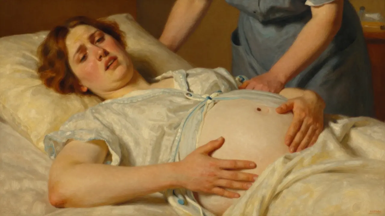 Žena při tlačení dítěte v porodu s napětím v perineu