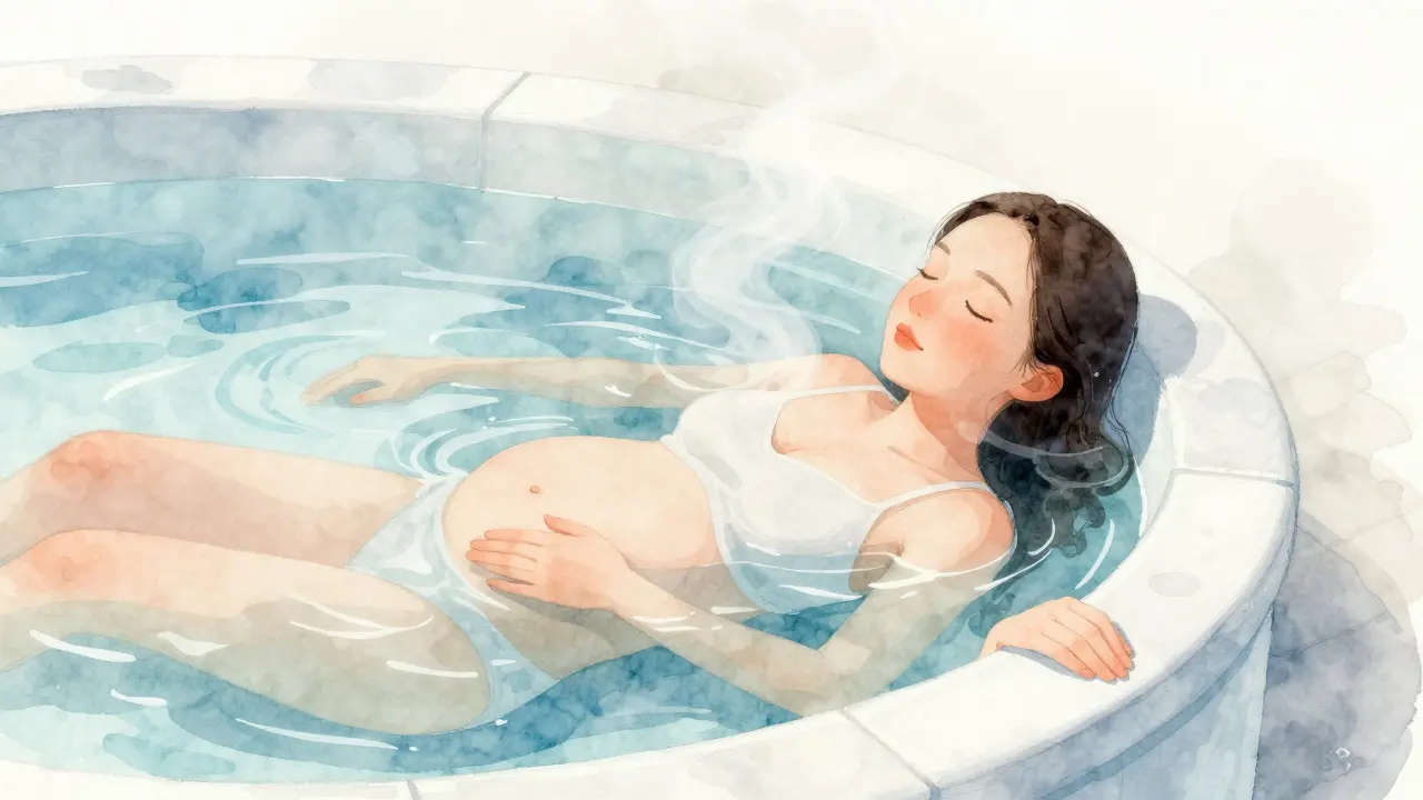 Žena při vodním porodu v bazénu s párou