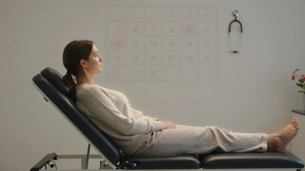 Žena sedí klidně na vyšetřovací židli, symbolizující bezpečí a sebepřijetí.