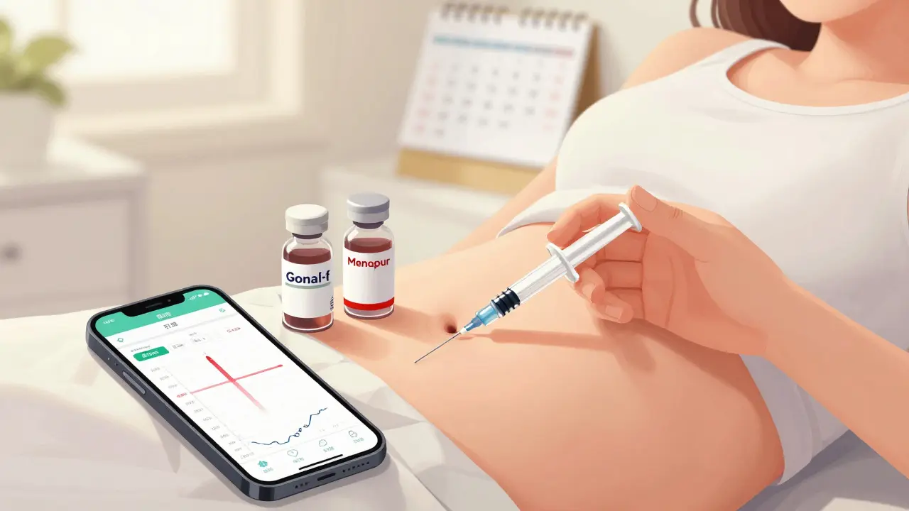 Žena si podává hormonální injekci doma, na stole jsou léky a mobil s grafem cyklu.