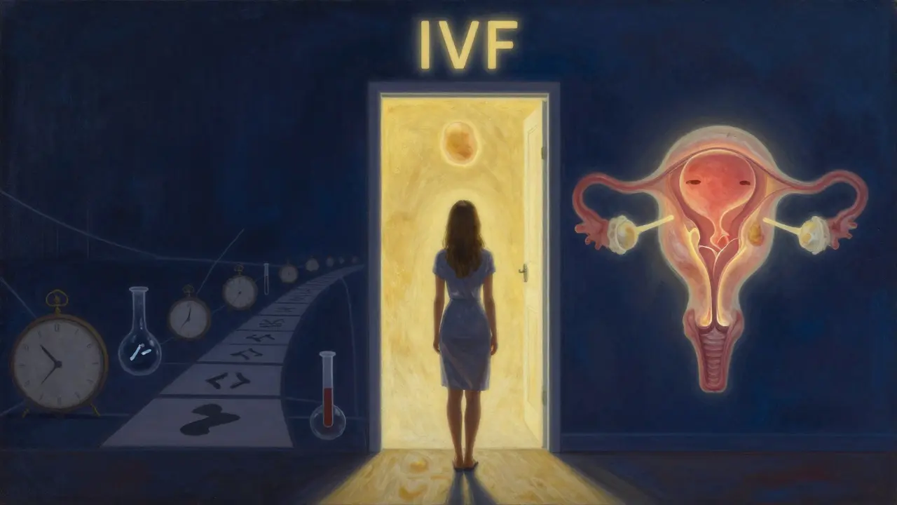 Žena stojí na prahu světelné brány, za ní překážky, před ní embryum směřující k děloze.