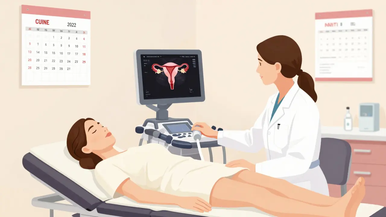 Žena v rámci ultrazvukového vyšetření dělohy, klidně leží na vyšetřovací lžíci.