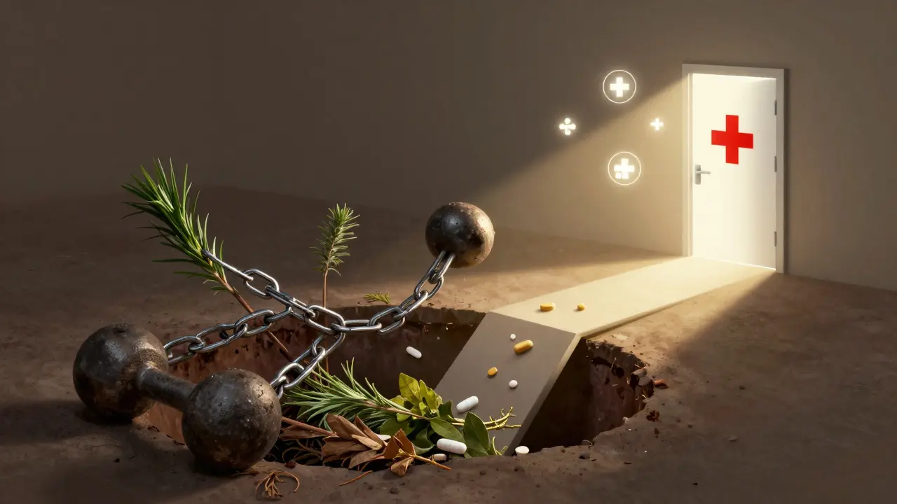 Zlomené domácí metody padají do tmy, zatímco bezpečná cesta vede k lékárně.