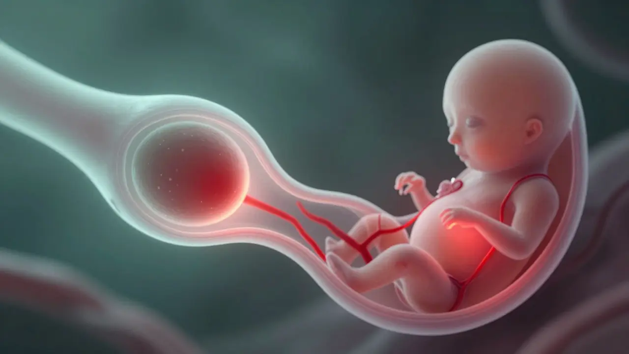 Anatomický nákres ukazující mimoděložní těhotenství v vajíčkovodu v porovnání se zdravým těhotenstvím v děloze.