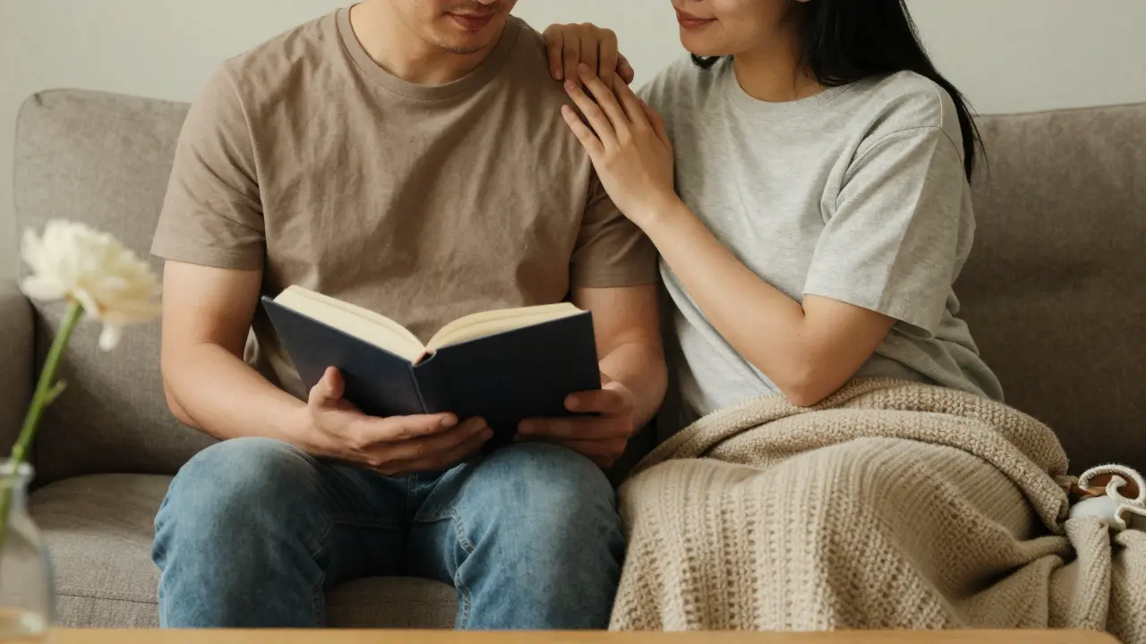 Dvojice sedí spolu na pohovce, klidně podporují jedna druhou.