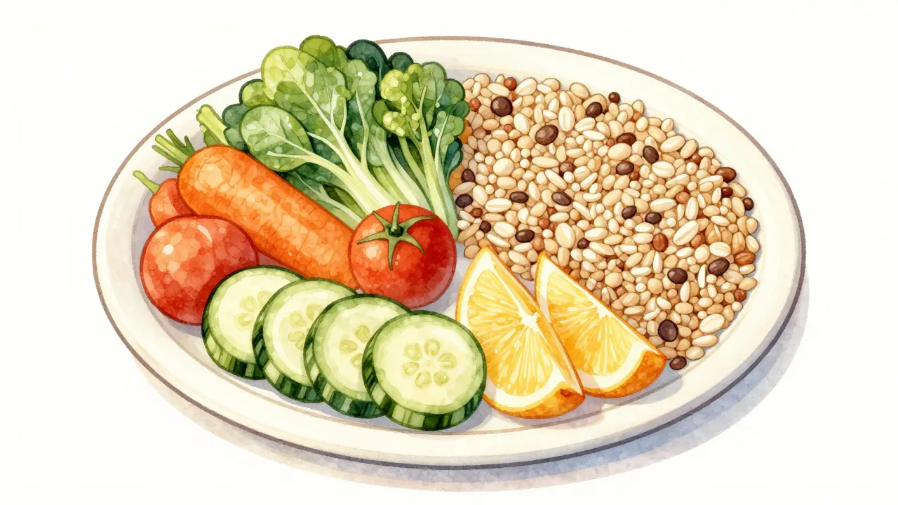 Ilustrace vyváženého talíře s zeleninou, obilovinami a bílkovinami.