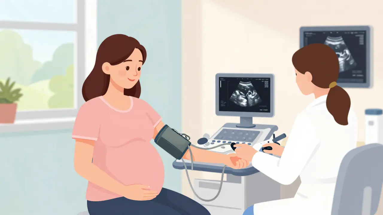 Lékař slyší srdečku plodu Dopplerem během pravidelné kontroly v těhotenské poradně.