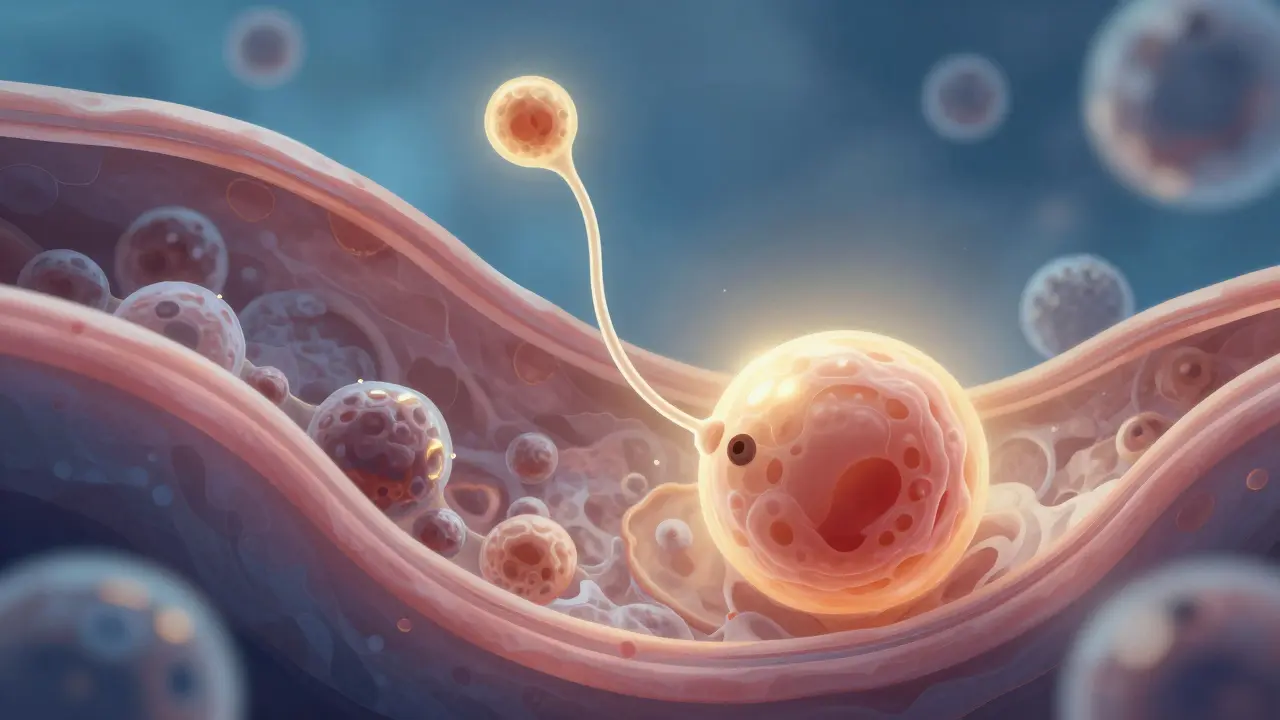 Mikroskopický pohled na přichycení vajíčka k děloze s výskytem hormonu hCG v krvi.