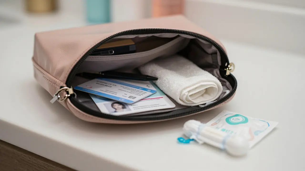 Obsah ženské tašky s identifikací, zdravotní kartou a ručníkem, zatímco hygienické výrobky jsou venku.