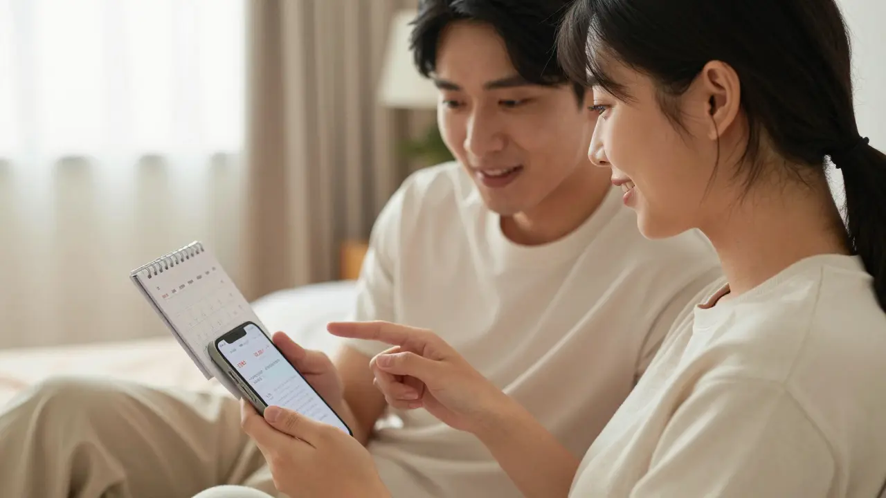 Pár si prohlíží kalendář menstruačního cyklu doma