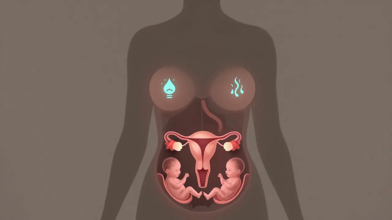 Silueta těhotné ženy s interními změnami těla a příznaky těhotenství.