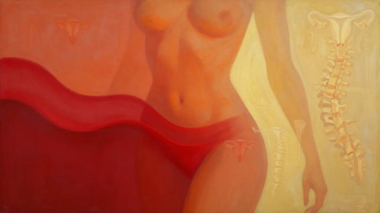 Silueta ženy s postupně ustupujícími červenými vlnami bolesti, symbolizujícími hojení během šesti týdnů.