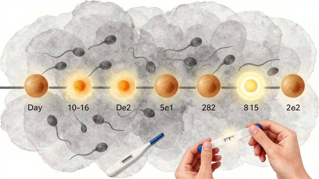 Symbolický přehled plodného období v cyklu s těkajícími spermie a vajíčkem, ostatní dny jsou šedé.