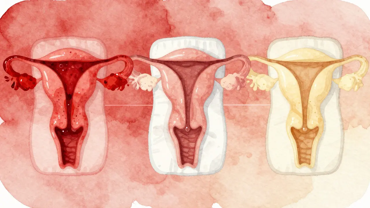 Tři fáze lochie: červená, růžová a žlutá výtoková stadia znázorněná jemnými vodovými kresbami na vložkách.