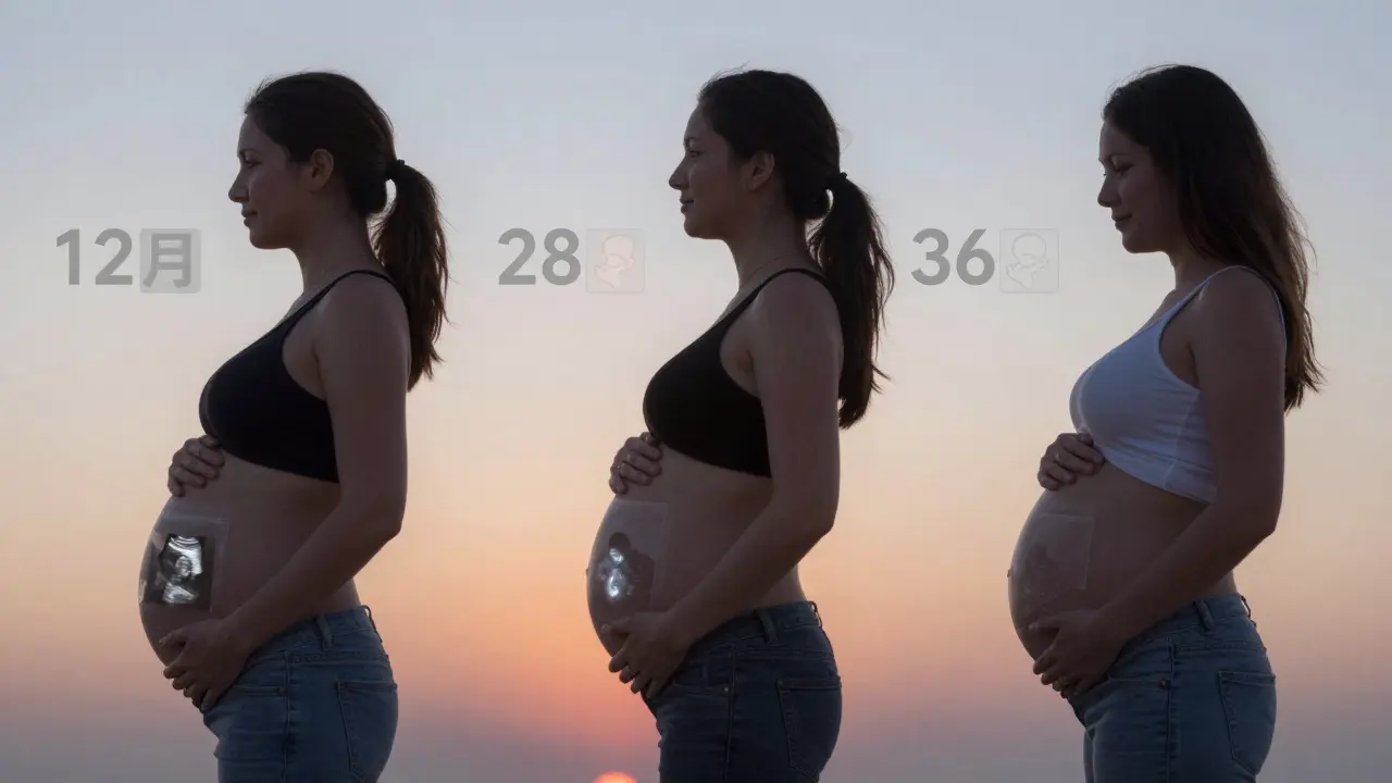 Tři fáze těhotenství znázorněné jako překrývající se scény v poradně: počátek, střed a konec.