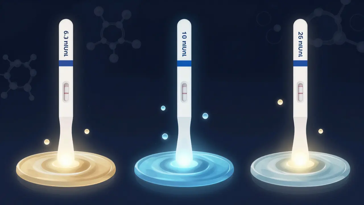 Tři těhotenské testy s různou citlivostí, zobrazující růst hormonu hCG jako svítící kapky.