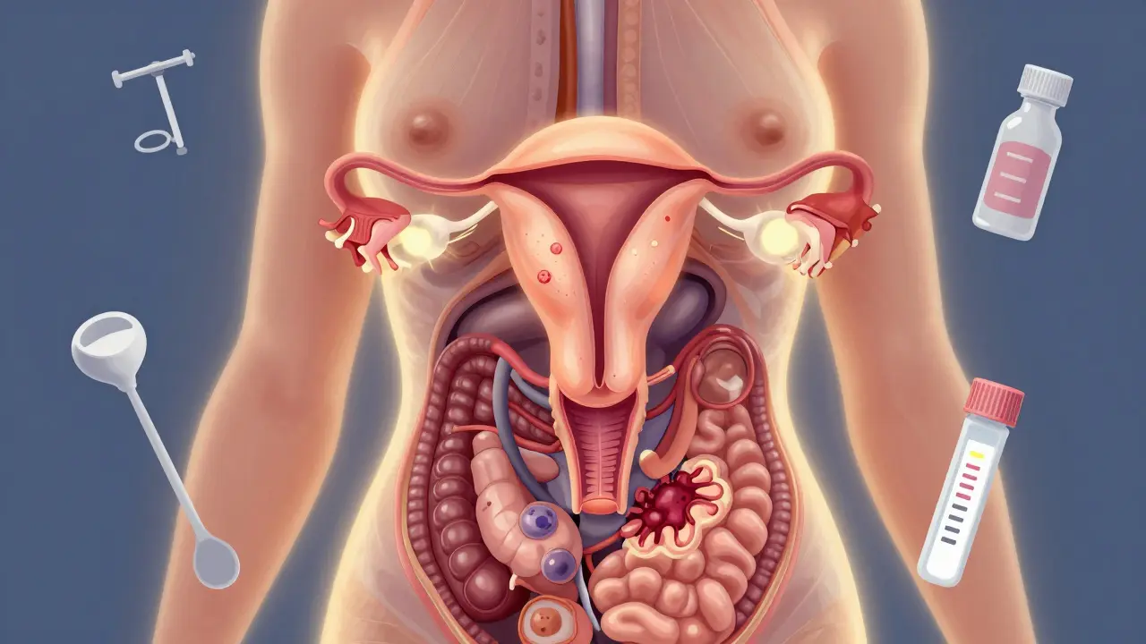 Vnitřní pohled na ženské pohlavní orgány s označenými běžnými nálezy při vyšetření.