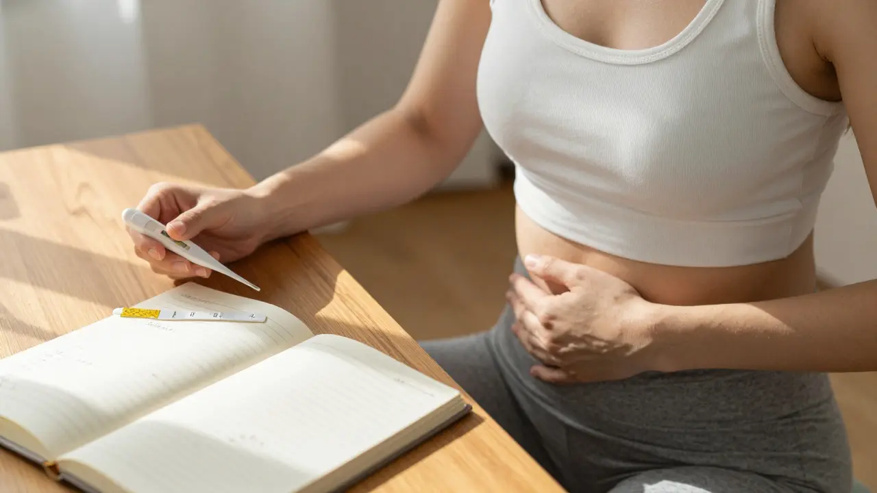 Žena medituje v pokoji s teploměrem a testy na ovulaci, denní světlo a zázemí s poznámkami.