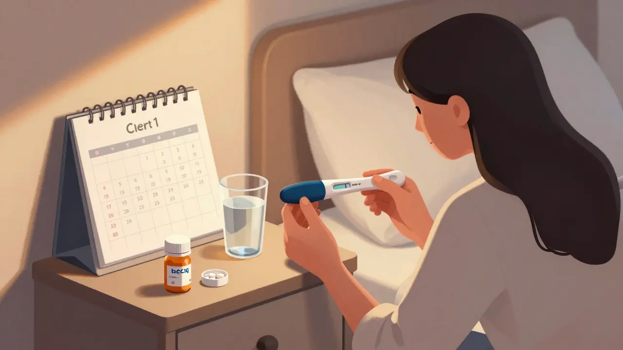 Žena s digitálním těhotenským testem, který ukazuje 'Těhotná: 2-3 týdny', v ranní atmosféře ložnice.