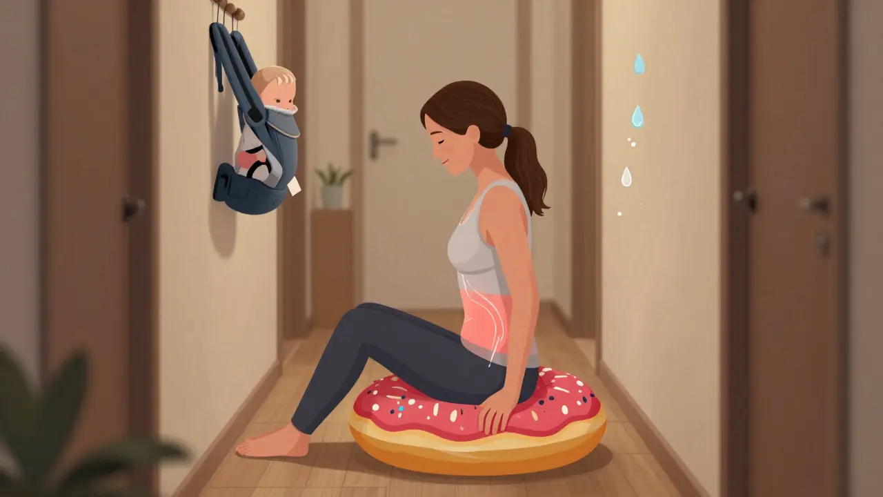 Žena sedí na polštáři a pomalu chodí, symbolické světlo označuje hojící se oblast perinea.