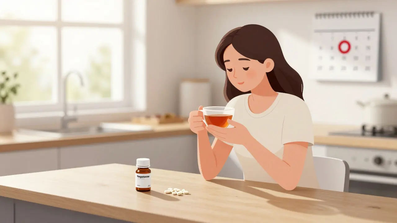Žena sedí u kuchyňského stolu s čajem a lékem, světlo z okna.