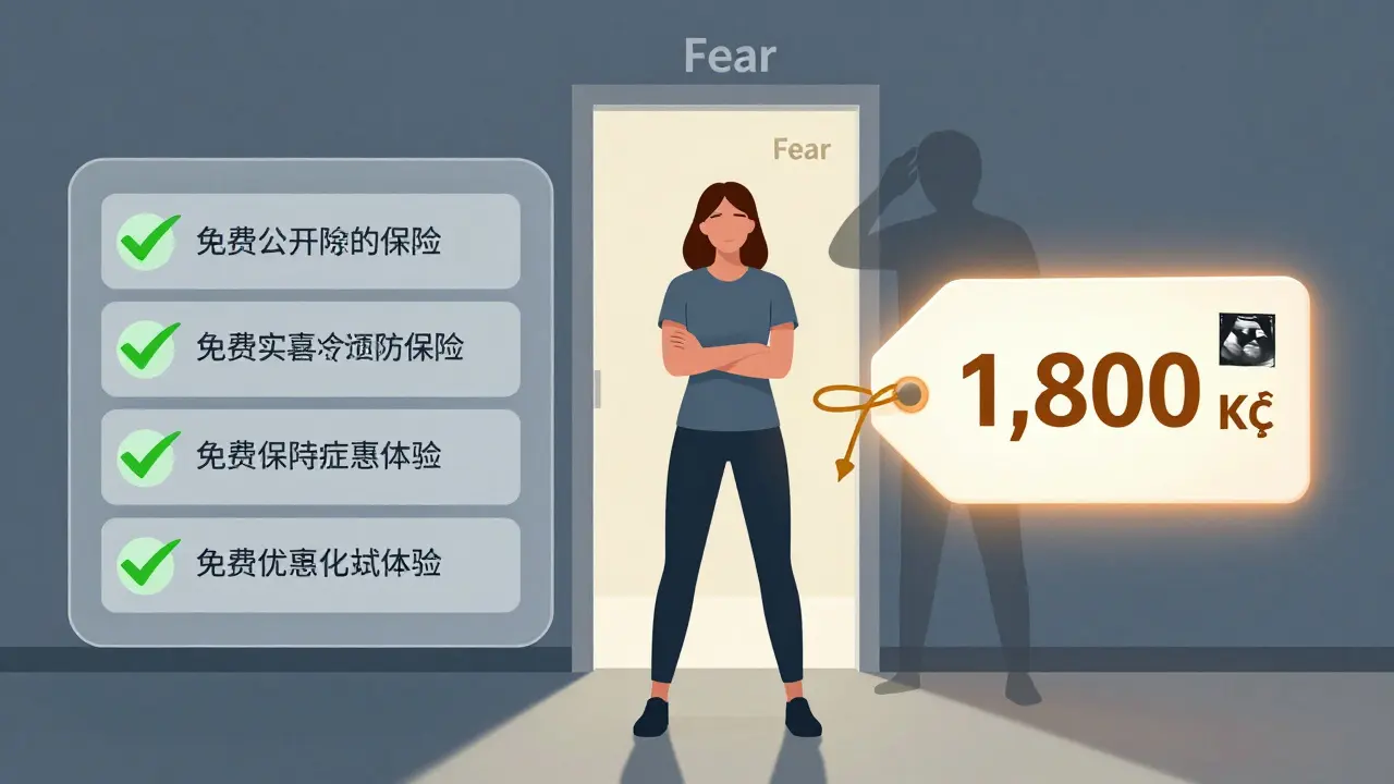 Žena stojí mezi volbou zdarma veřejné péče a placené soukromé péče, symbolizující přístup k prevenci.