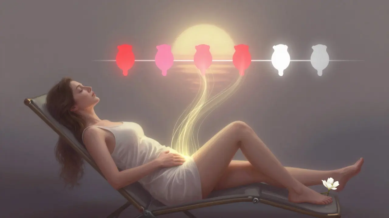Žena v klidu s jemnými zlatými zářivými vlákny vyzařujícími z břicha, symbolizujícími hojení.