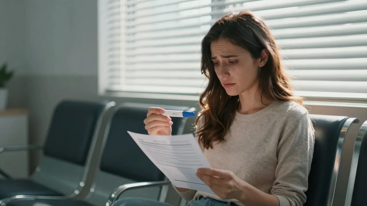 Žena v počkávací místnosti kliniky drží pozitivní těhotenský test a lékařský výsledek, výraz obličeje plný nejistoty.