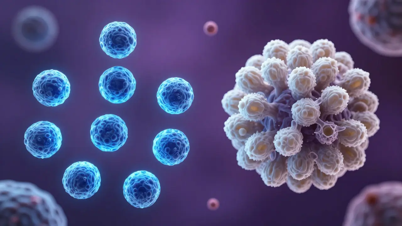 3D vizualizace mikrobiomu s laktobacily a kvasinkami Candida.