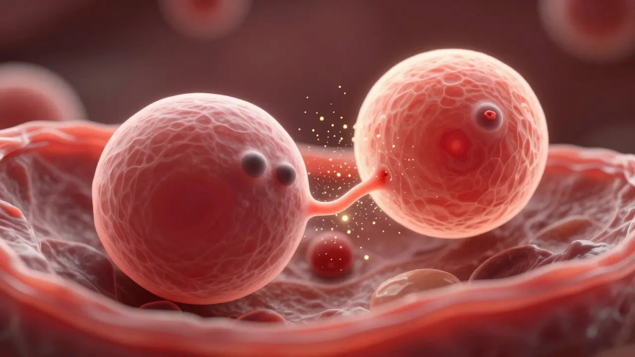 3D vizualizace procesu implantace vajíčka do děložní sliznice a uvolňování hormonu hCG.