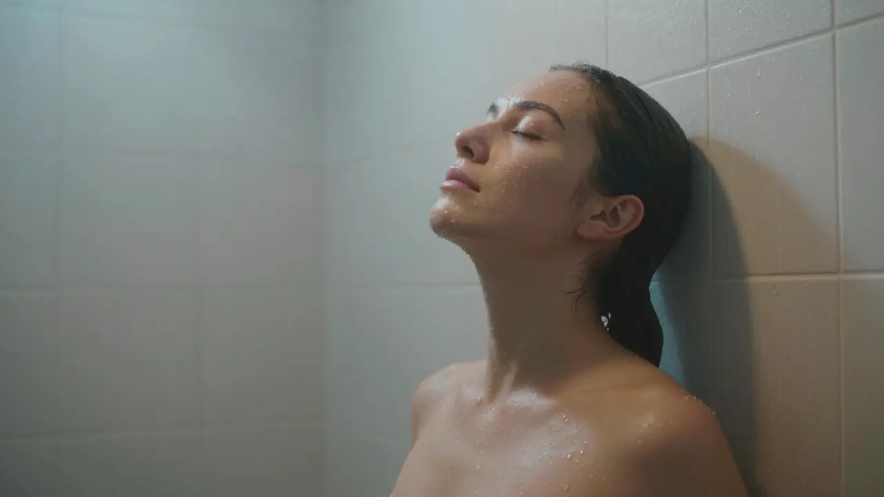 Budoucí maminka v teplé sprše se soustředí na dýchání a uklidnění.