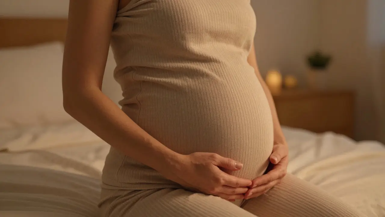 Detail rukou ženy jemně objímající břicho v posledních dnech před porodem.