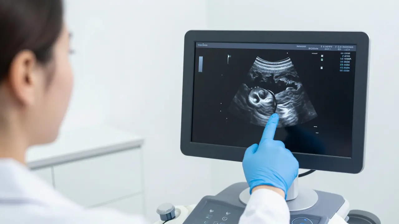 Detail ultrazvukového vyšetření vaječníků v moderní gynekologické ordinaci.