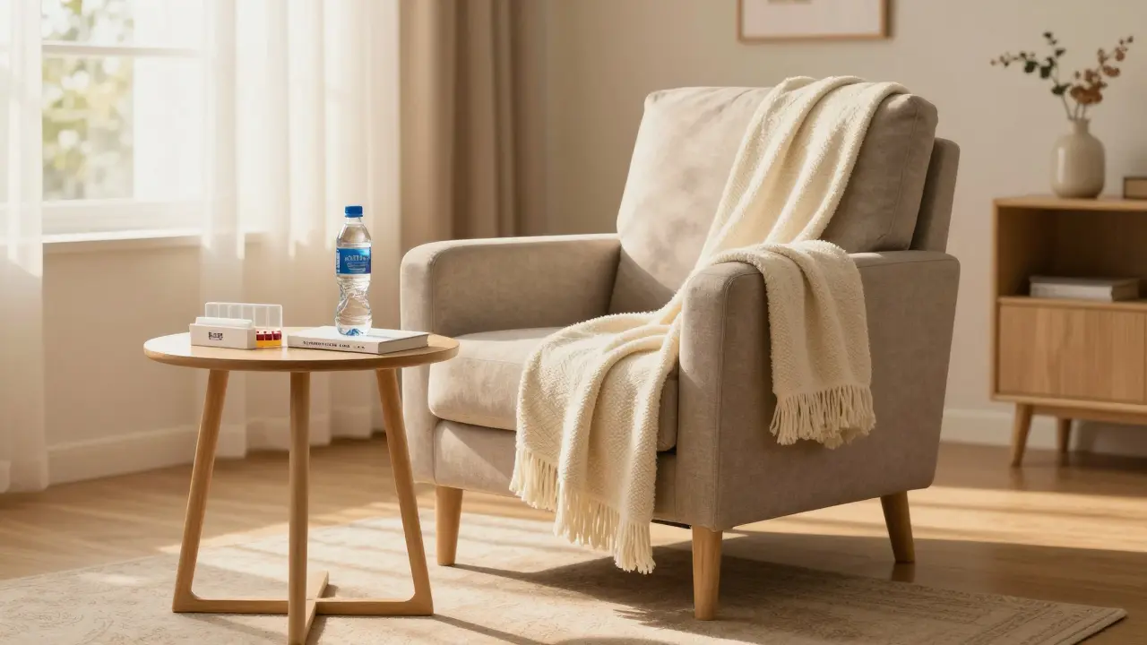 Domácí zóna zotravení s pohodlným křeslem a potřebnými věcmi v reachu.