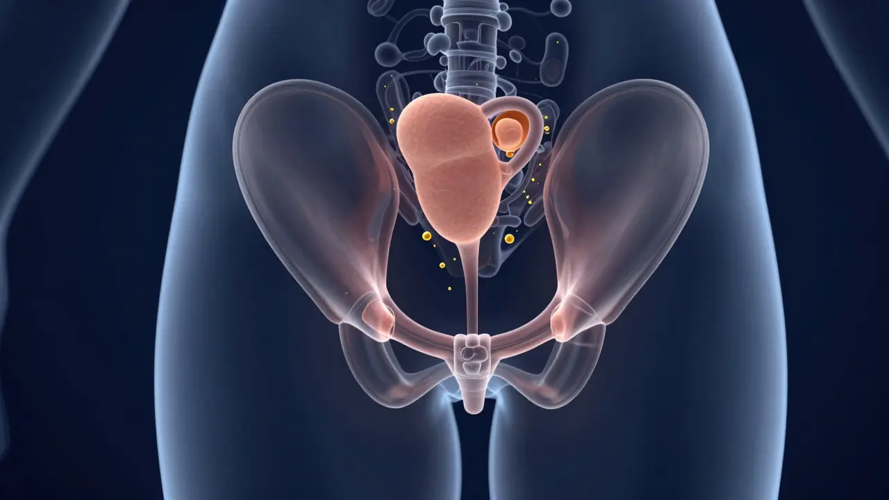 Koncepitní 3D vizualizace ženských vaječníků s vyznačenými folikuly.