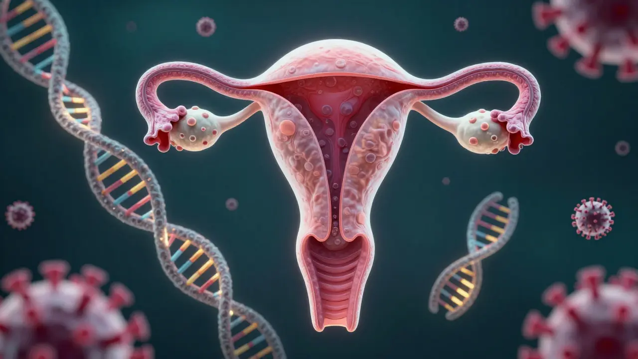 Konceptuální ilustrace děničního hrdla znázornující princip HPV testu a citologie.