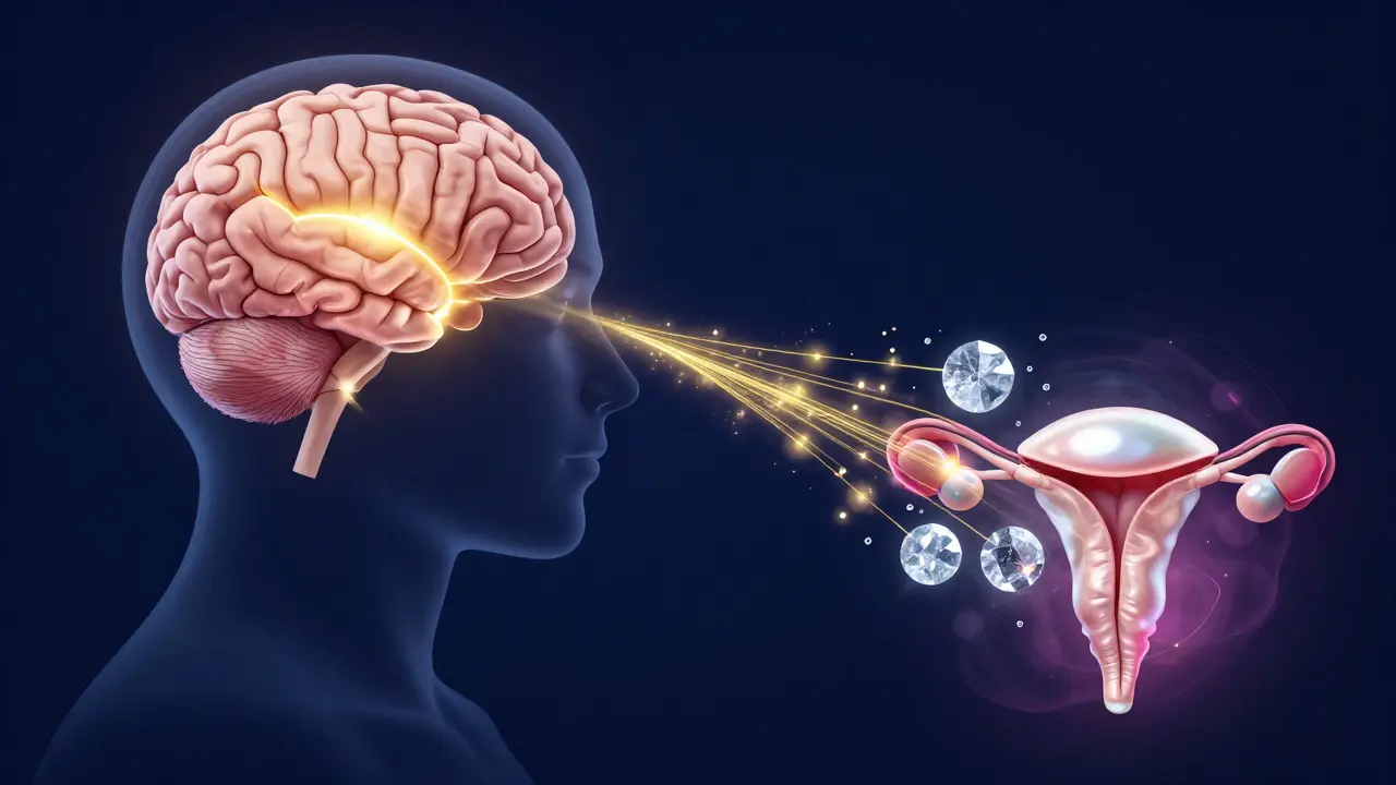 Konceptuální ilustrace hormonální komunikace mezi mozkem a vaječníky.
