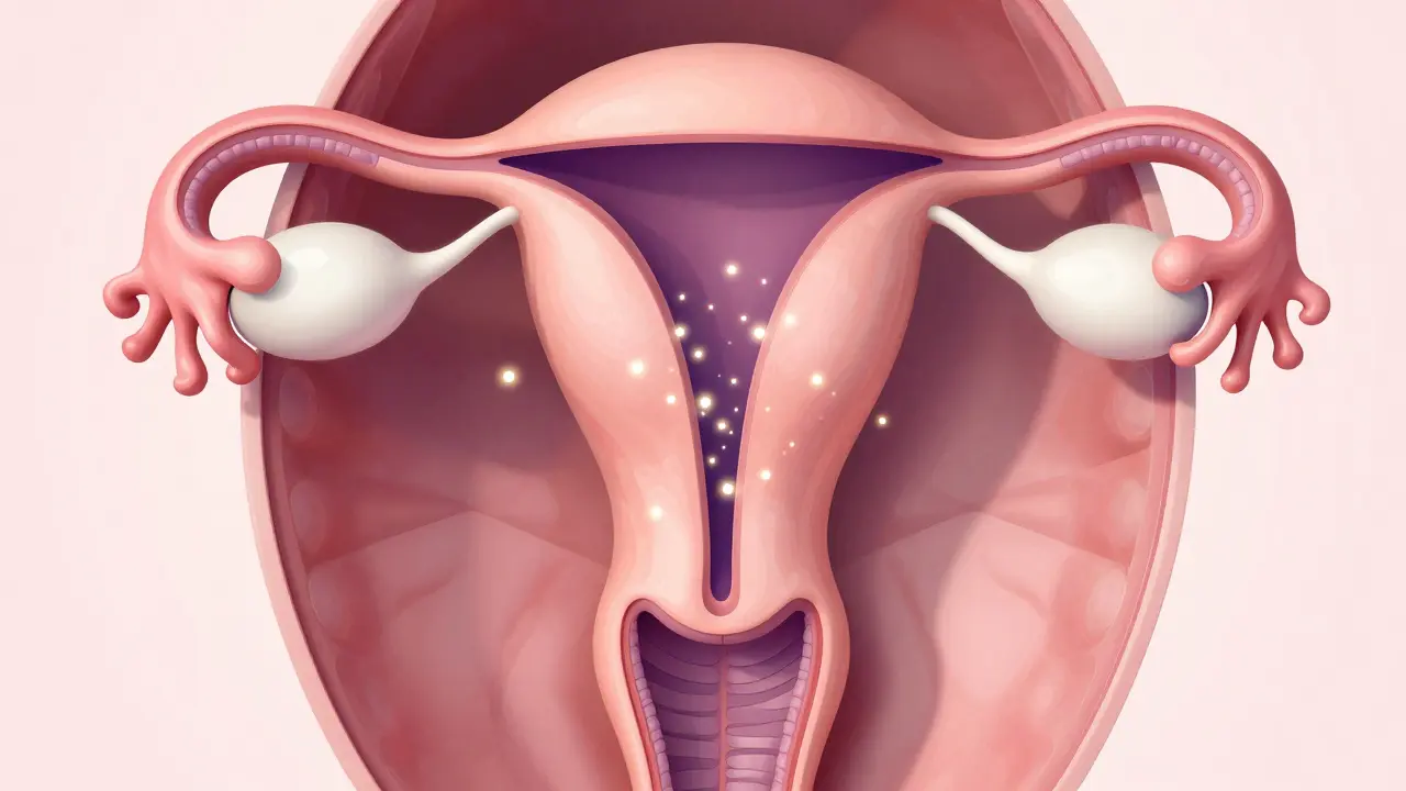 Konceptuální ilustrace vaječníku a hormonů znázornující mechanismus zamezení ovulace.