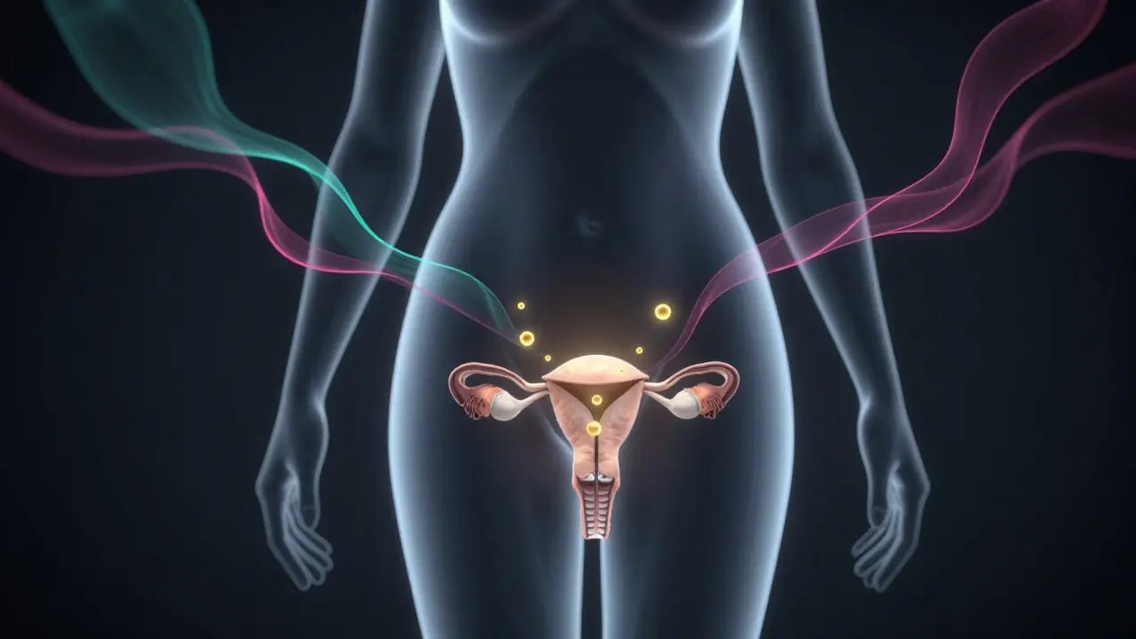 Konceptuální ilustrace vaječníku s nezralými folikuly symbolizující anovulaci.