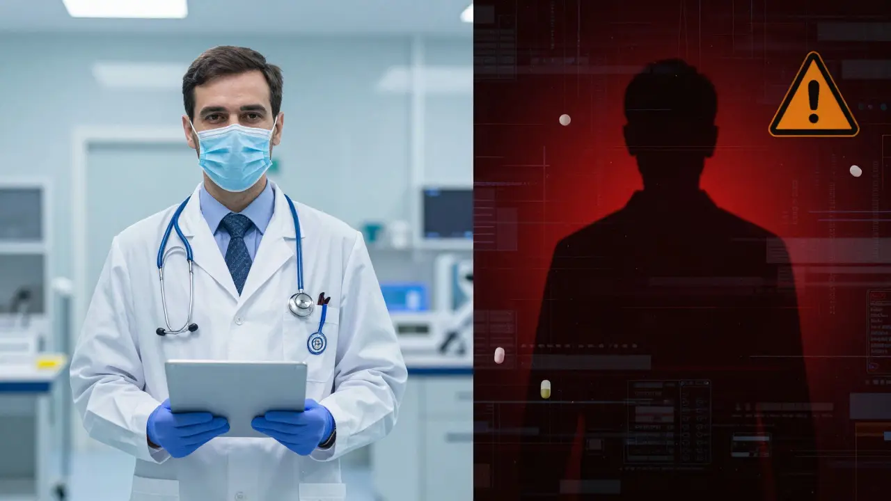 Konceptuální obraz kontrastující bezpečné lékařské prostředí s nebezpečím nákupů z internetu.