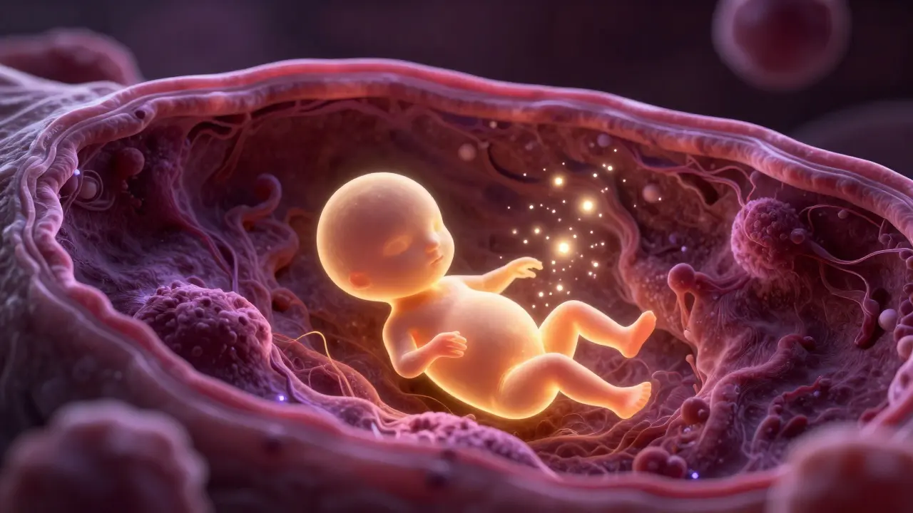 Konceptuální vizualizace implantace embrya do dělohy s vyzařováním hormonů.