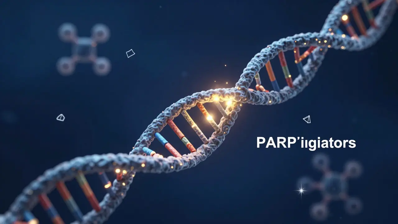 Konceptuální znázornění opravy DNA pomocí cílené terapie a PARP inhibitorů.