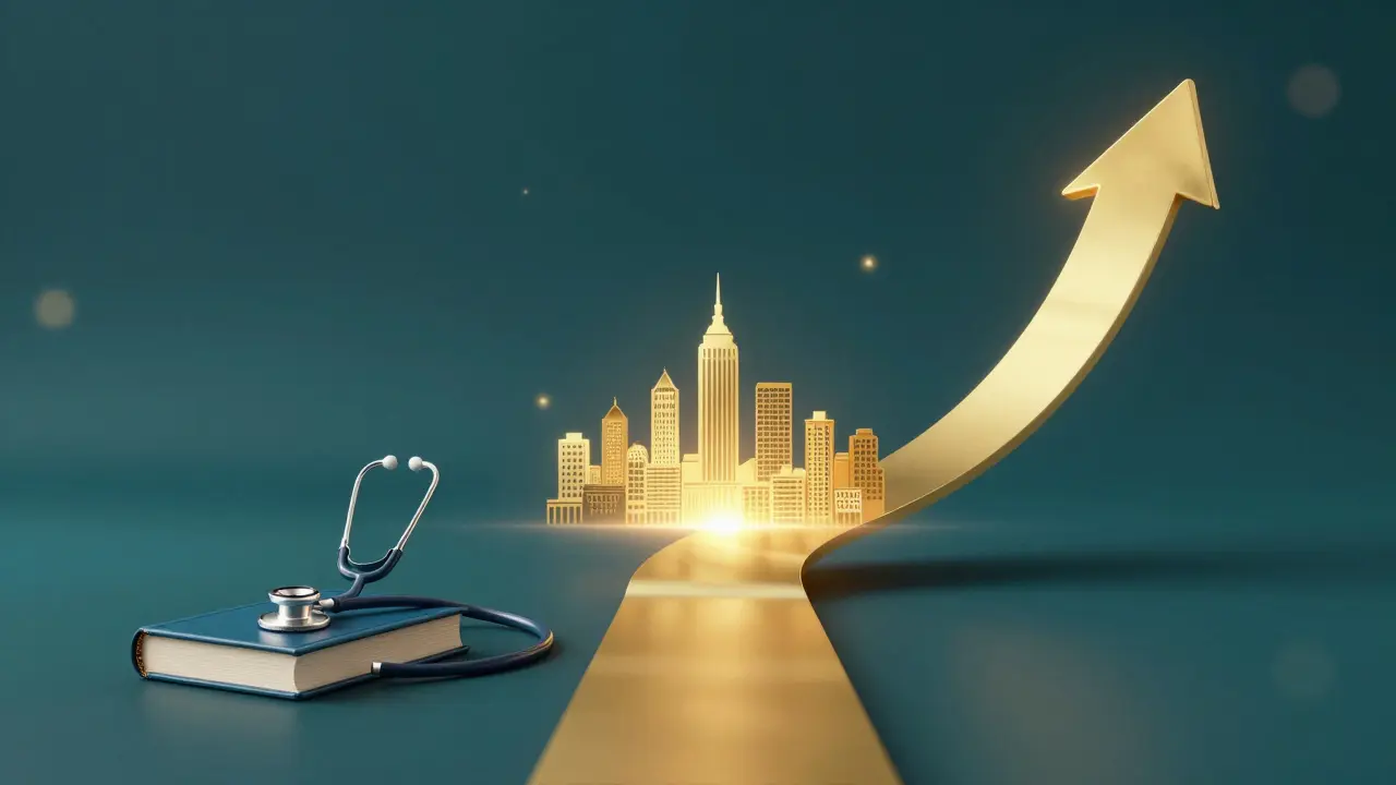 Konceptuální zobrazení kariérního růstu a finančního úspěchu lékaře.