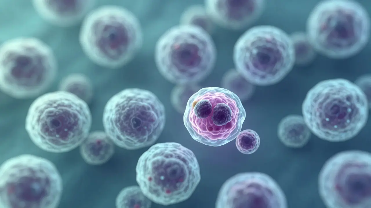 Mikroskopický pohled na buňky děložního hrdla s mírnými změnami LSIL.