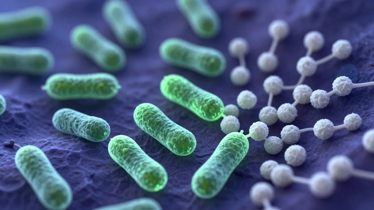 Mikroskopický pohled na kvasinky Candida albicans narušující rovnováhu flóry.