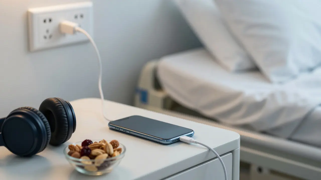 Mobil s dlouhým kabelem, sluchátka a zdravá svačina na nemocničním stolku.