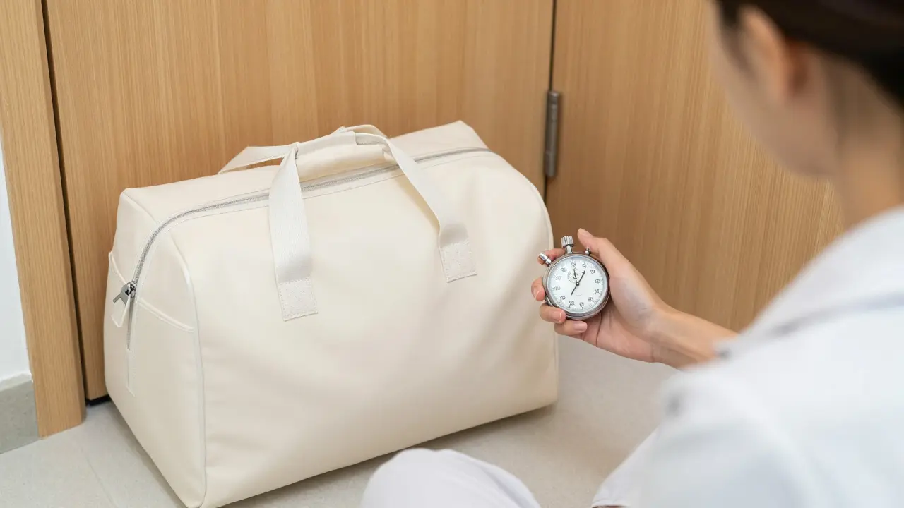 Připravená porodní taška u dveří a stopky pro měření kontrakcí.