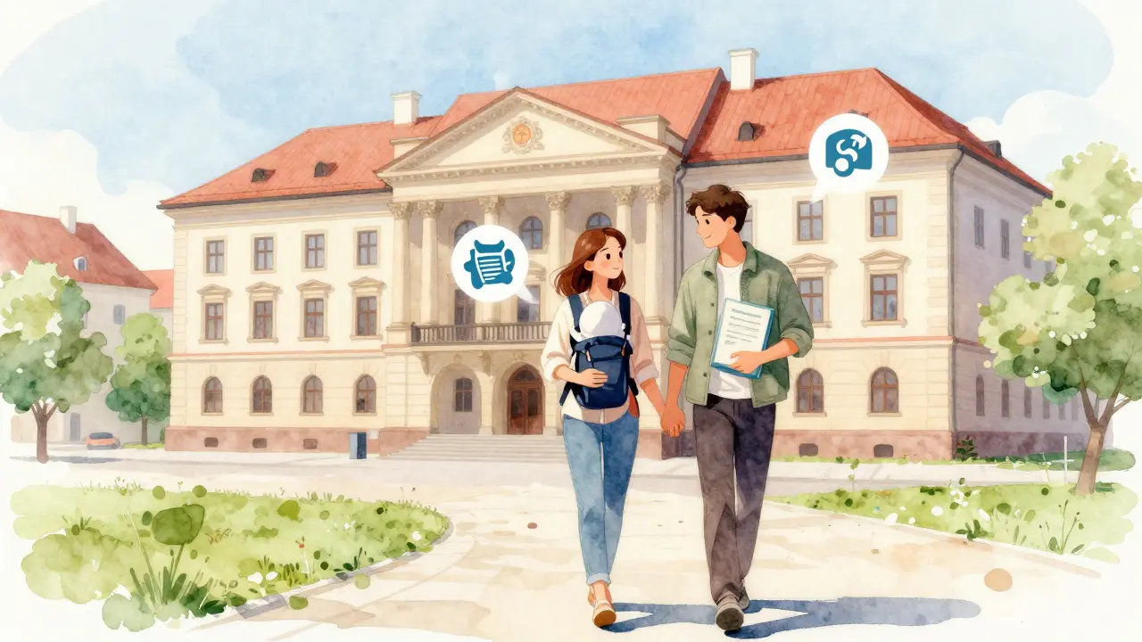 Rodina vstupuje do úřadu s papíry pro registraci dítěte