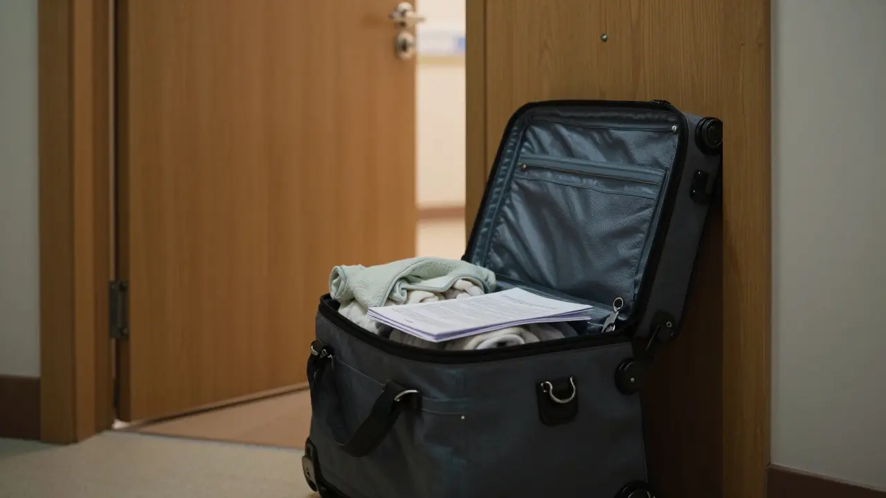 Sbalená taška do porodnice stojící u dveří v tichém domácím prostředí.