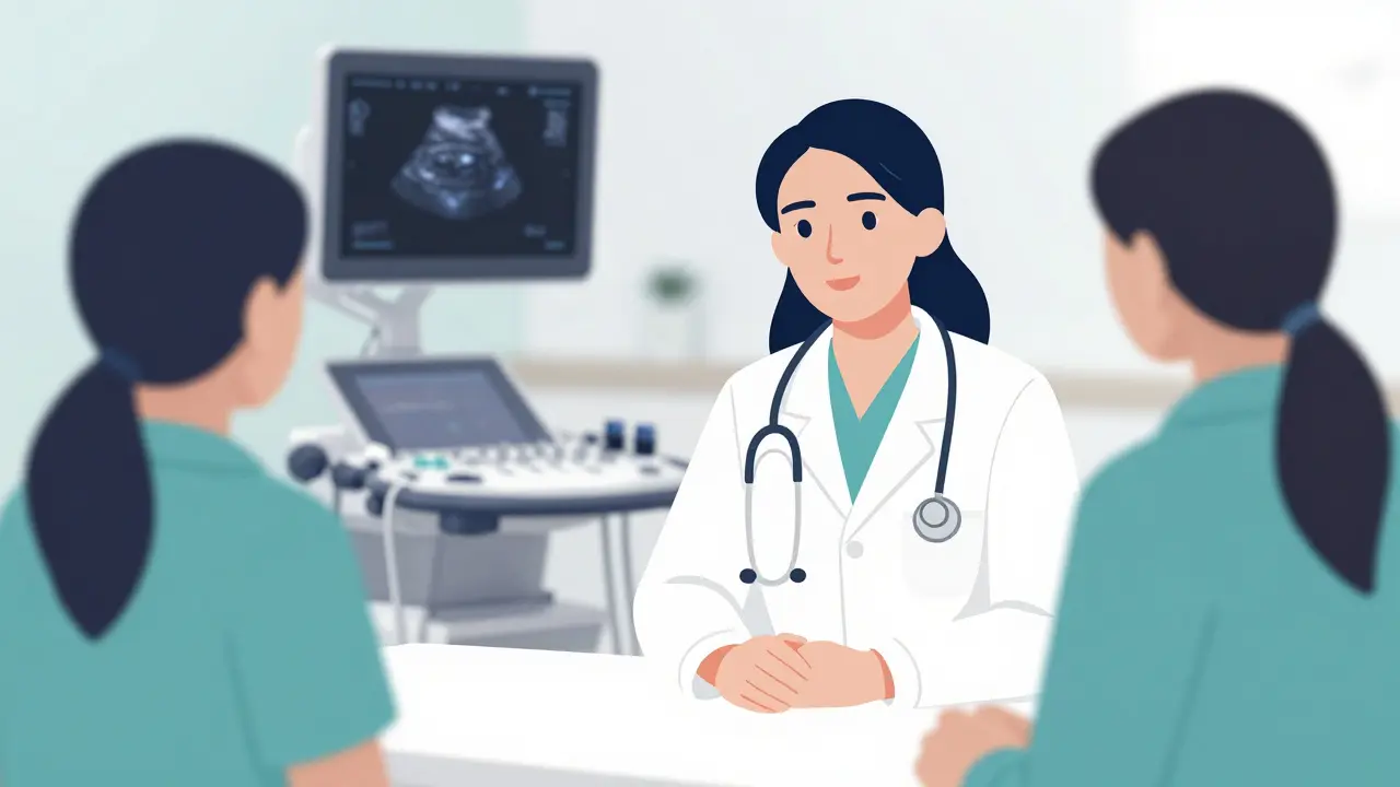 Stylizovaná konzultace v gynekologické klinice, vyjadřující bezpečí a odbornou péči.